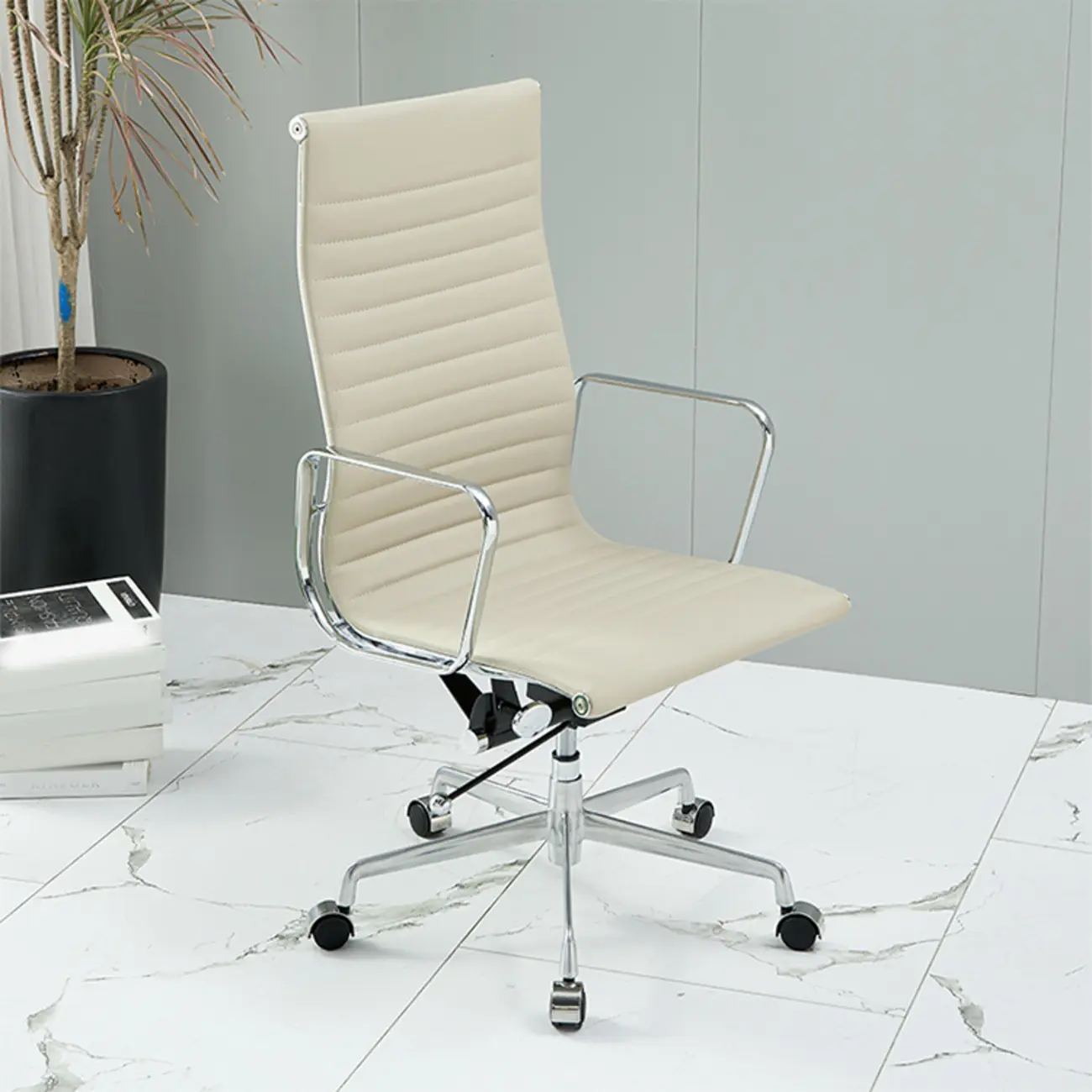Beige Leather Adjustable High-Back Swivel Office Chair Image - 1 | homeyfad