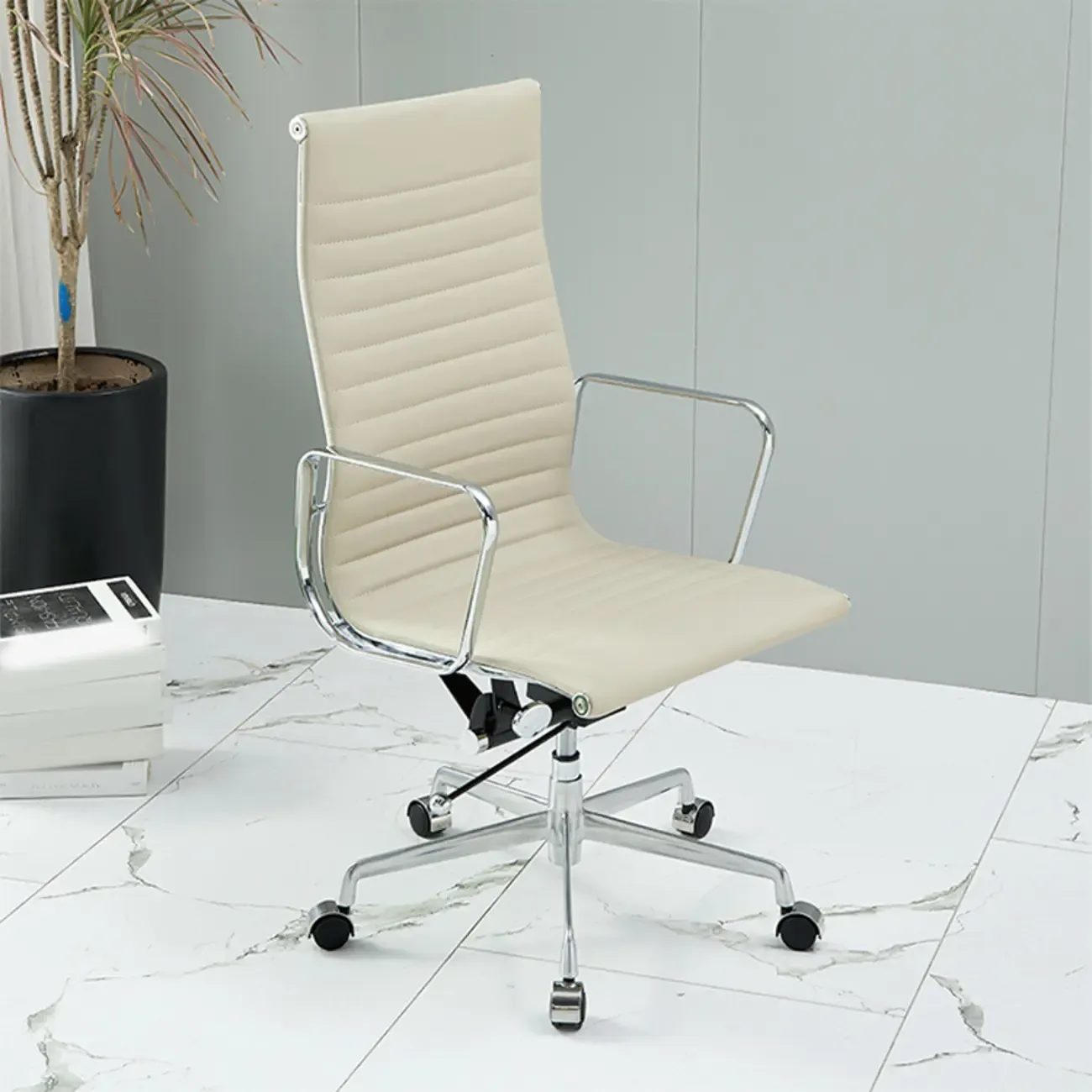 Beige Leather Adjustable High-Back Swivel Office Chair Image - 1