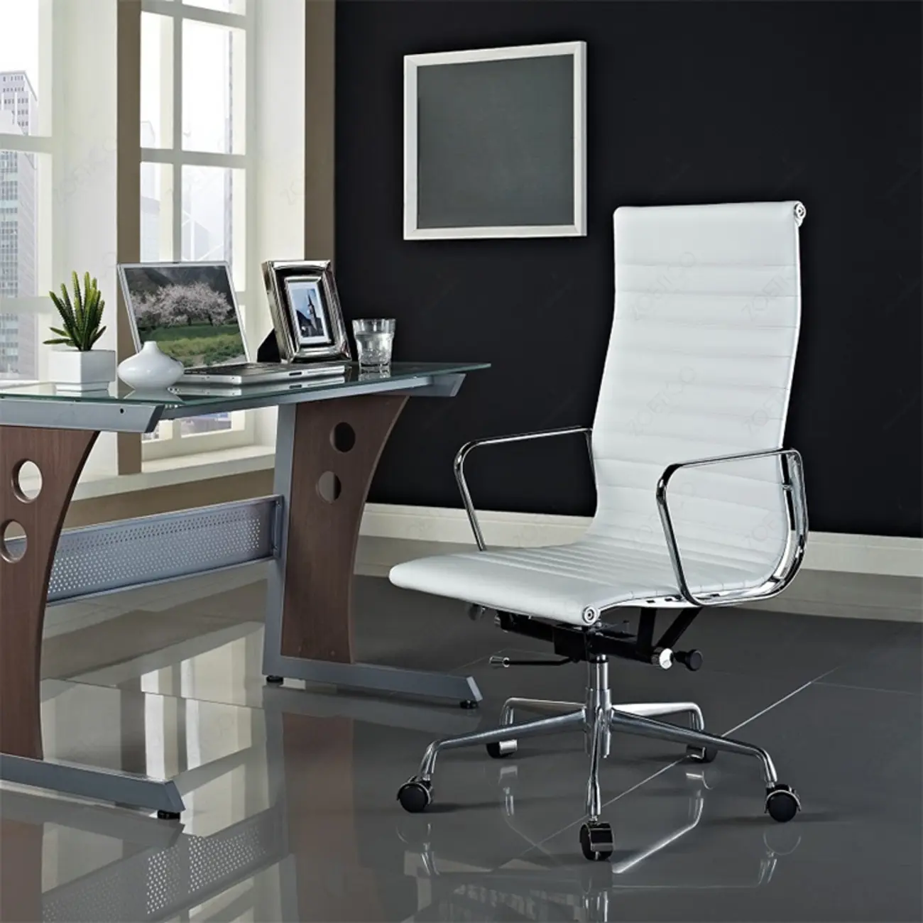 Beige Leather Adjustable High-Back Swivel Office Chair Image - 2 | homeyfad