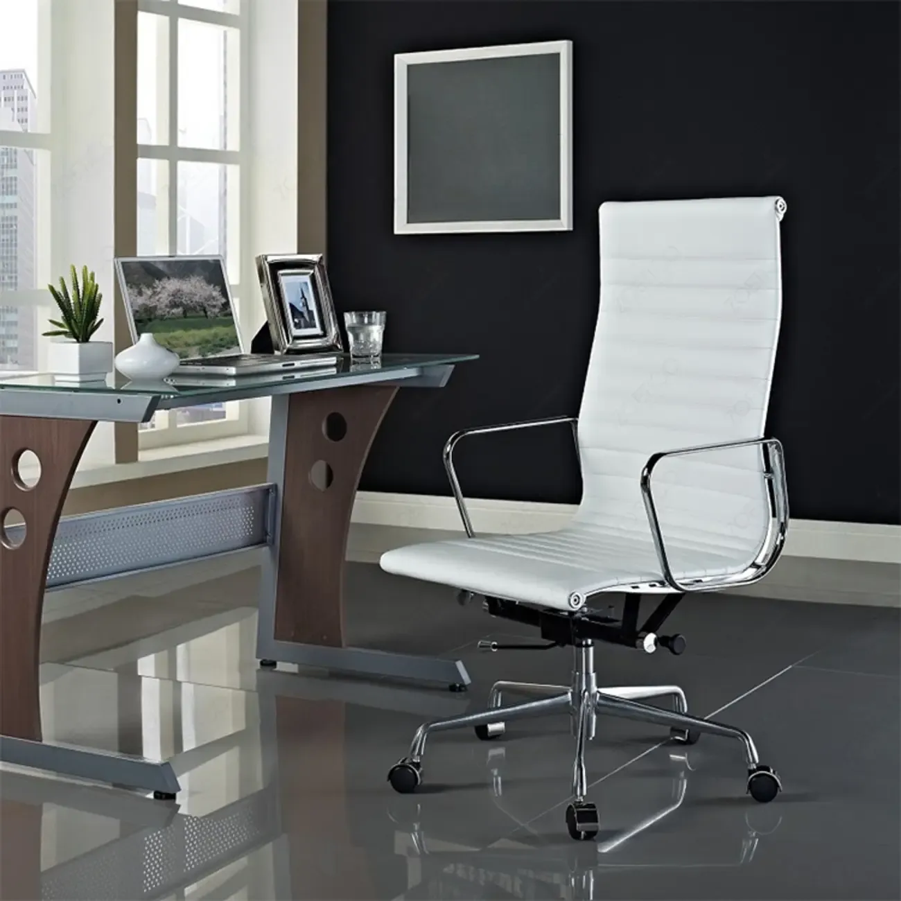 Beige Leather Adjustable High-Back Swivel Office Chair Image - 2