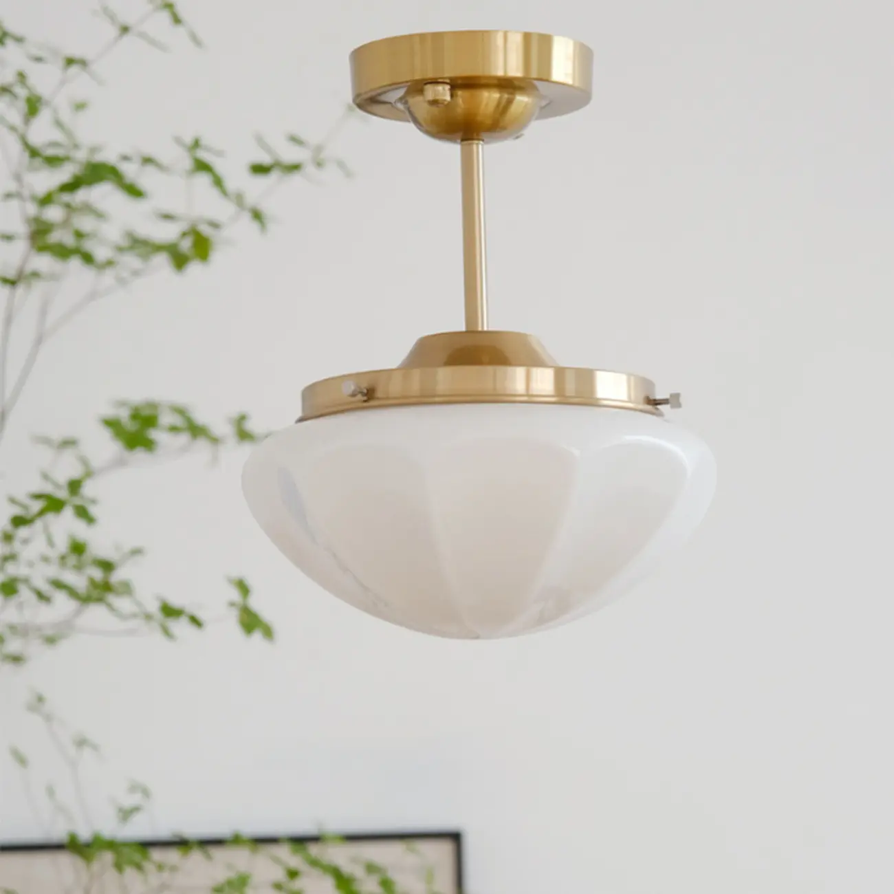 Mini White Round Glass Modern Metal Semi Flush Ceiling Light Image - 23 | homeyfad