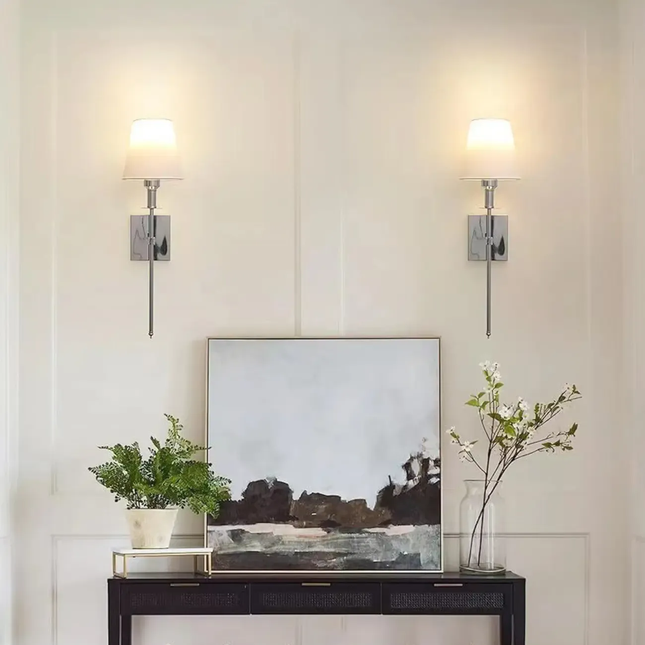 Modern Metal Fixture Fabric Shade Wall Sconce Image - 1