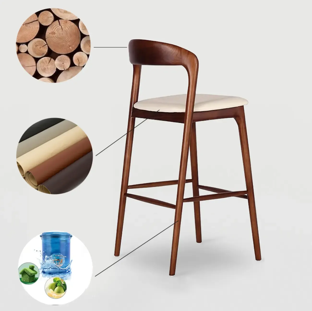 Scandinavian Ash Wood Frame Bar Stools with Open Back Image - 10