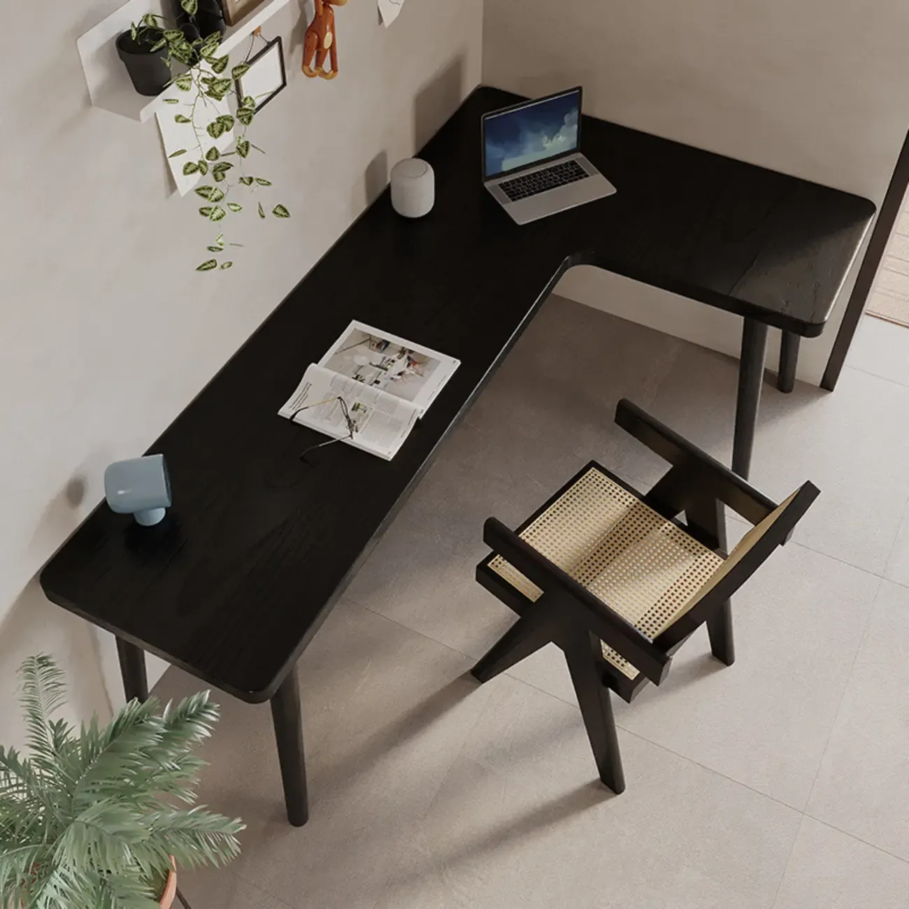 Elegant L-Shape Black Wooden Writing Desk for Home Office Image - 2