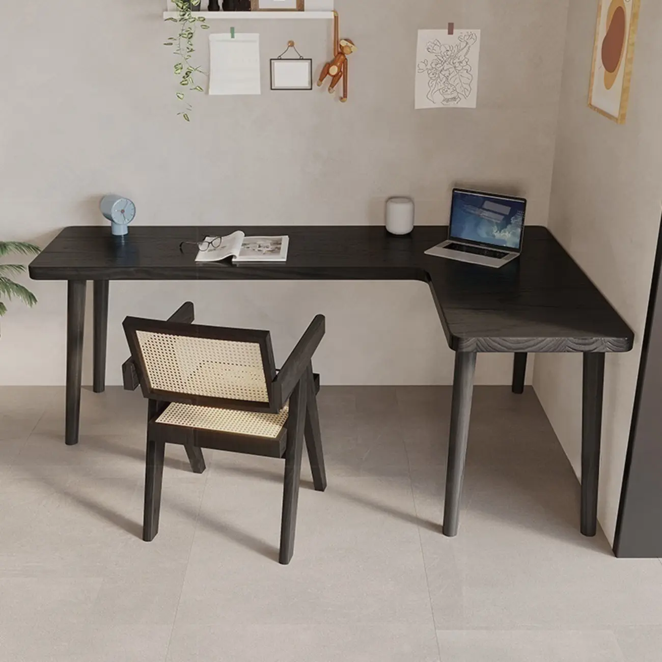 Elegant L-Shape Black Wooden Writing Desk for Home Office Image - 3 | homeyfad