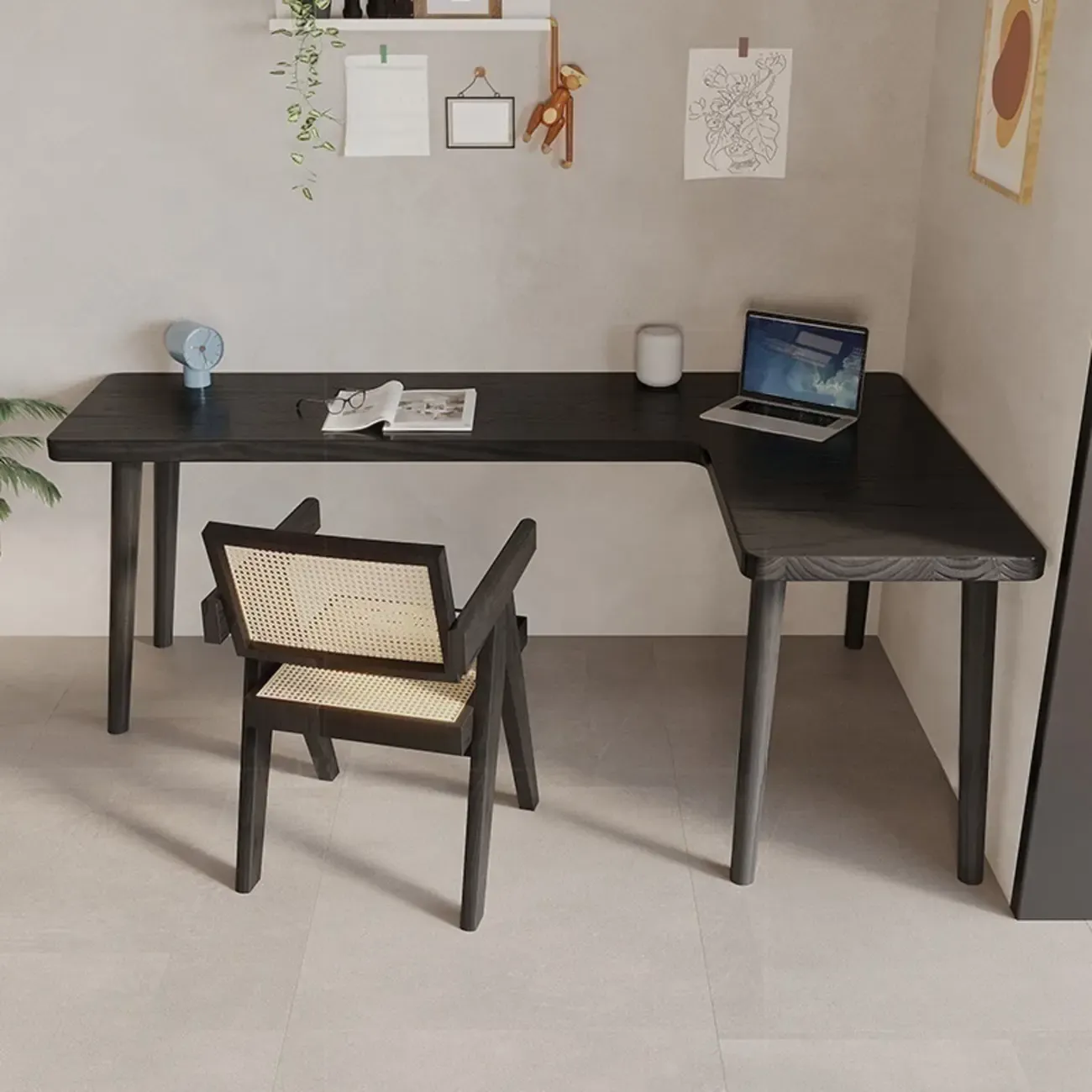Elegant L-Shape Black Wooden Writing Desk for Home Office Image - 3