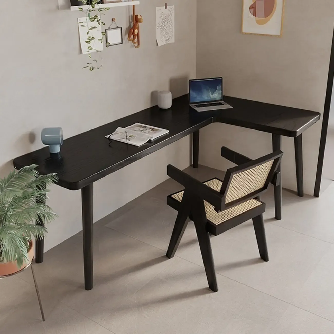 Elegant L-Shape Black Wooden Writing Desk for Home Office Image - 1