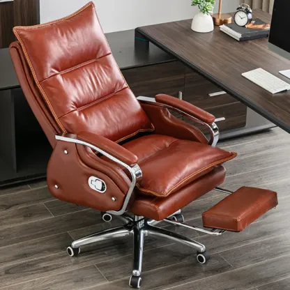 Executive Reddish Brown Leather Reclining Office Chair Image - 1