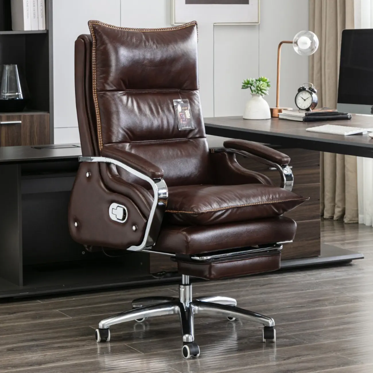 Executive Reddish Brown Leather Reclining Office Chair Image - 3 | homeyfad
