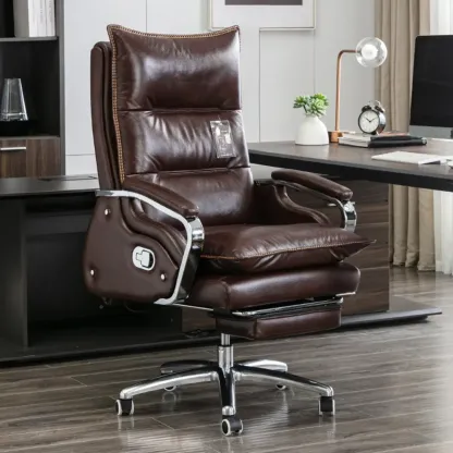 Executive Reddish Brown Leather Reclining Office Chair Image - 3