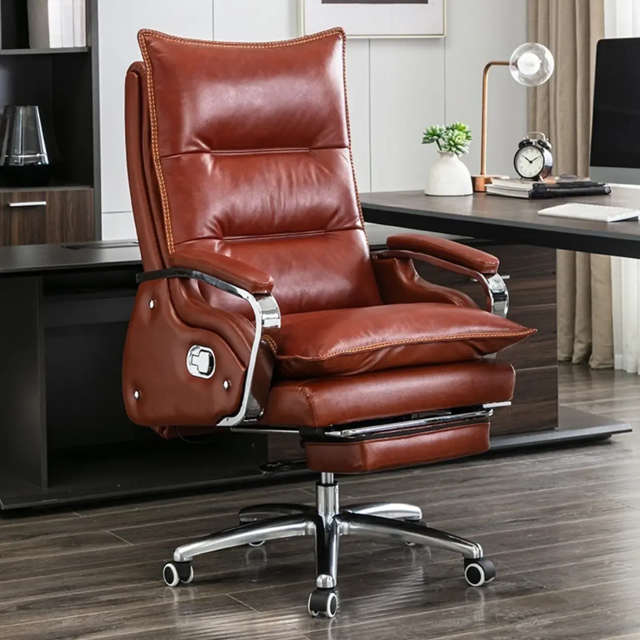 Executive Reddish Brown Leather Reclining Office Chair Image - 2