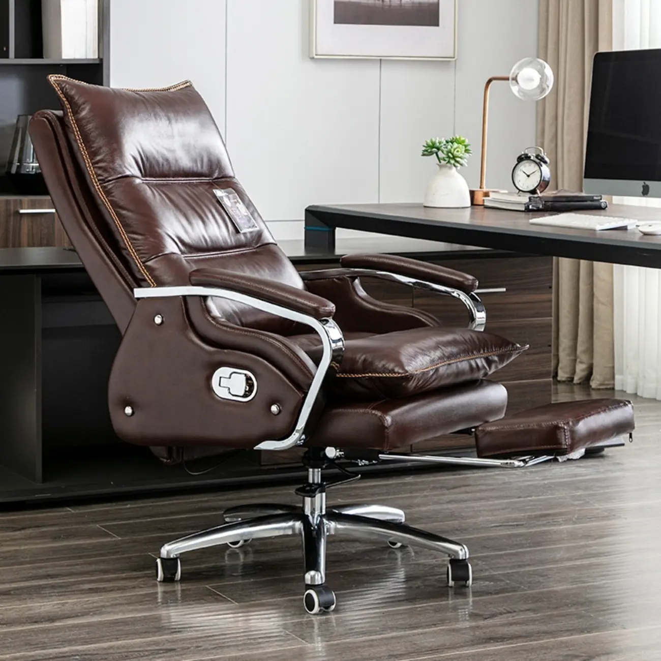 Executive Reddish Brown Leather Reclining Office Chair Image - 4 | homeyfad