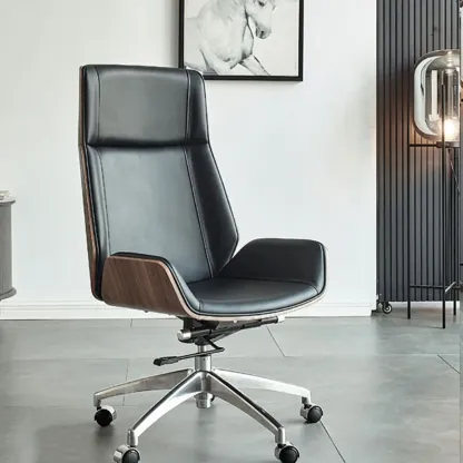 High-Back Black Leather Adjustable Swivel Office Chair Image - 3