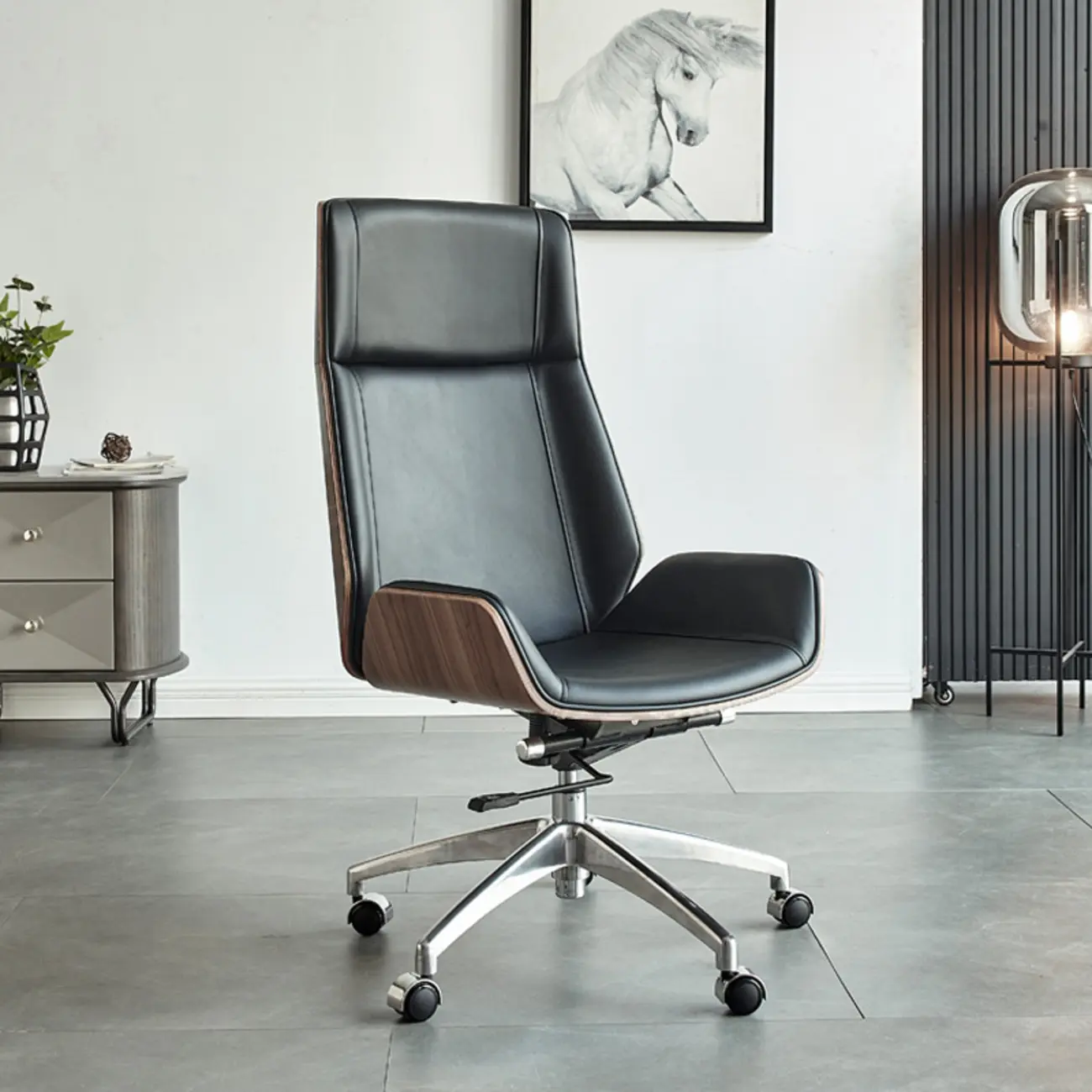 High-Back Black Leather Adjustable Swivel Office Chair Image - 1 | homeyfad