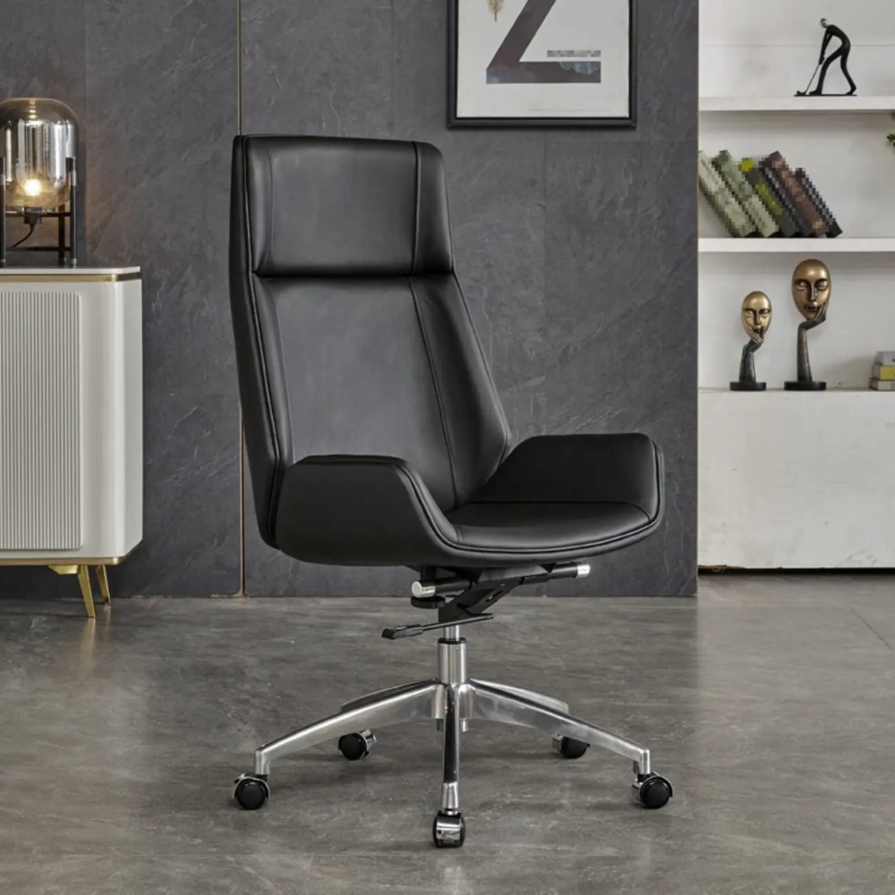 High-Back Black Leather Adjustable Swivel Office Chair Image - 4 | homeyfad