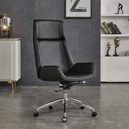 High-Back Black Leather Adjustable Swivel Office Chair Image - 4