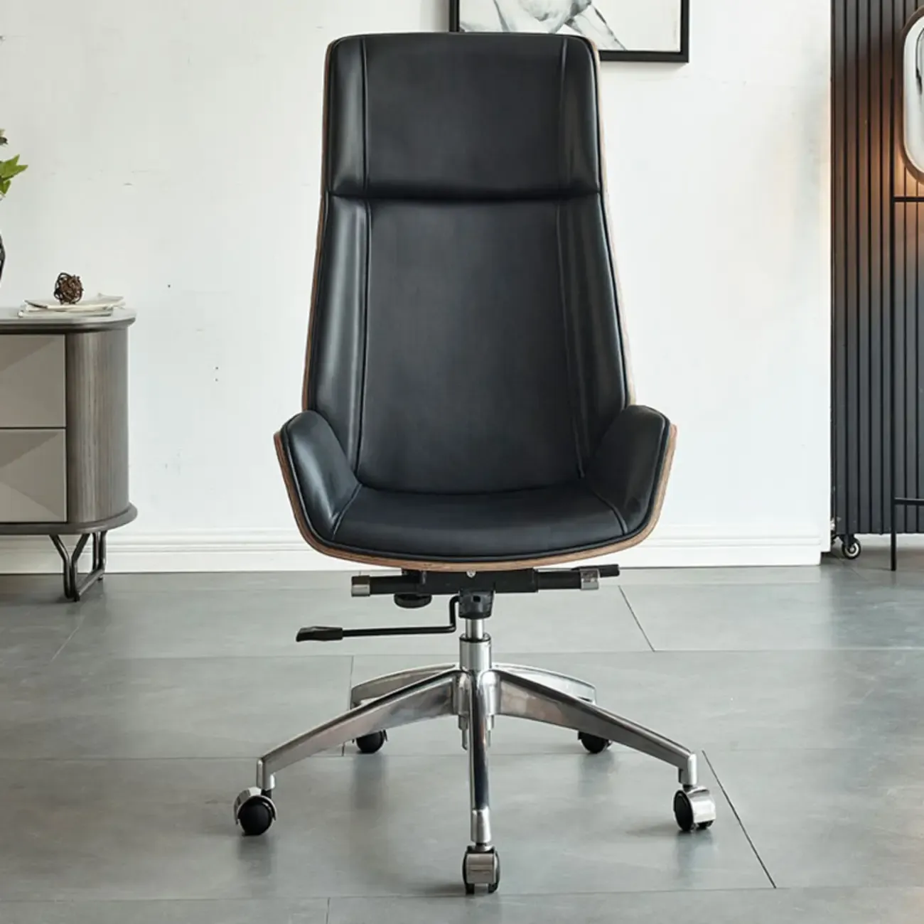 High-Back Black Leather Adjustable Swivel Office Chair Image - 2