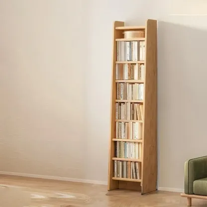 Natural Narrow Multi-Layer Open Back Wooden Bookshelf Image - 4