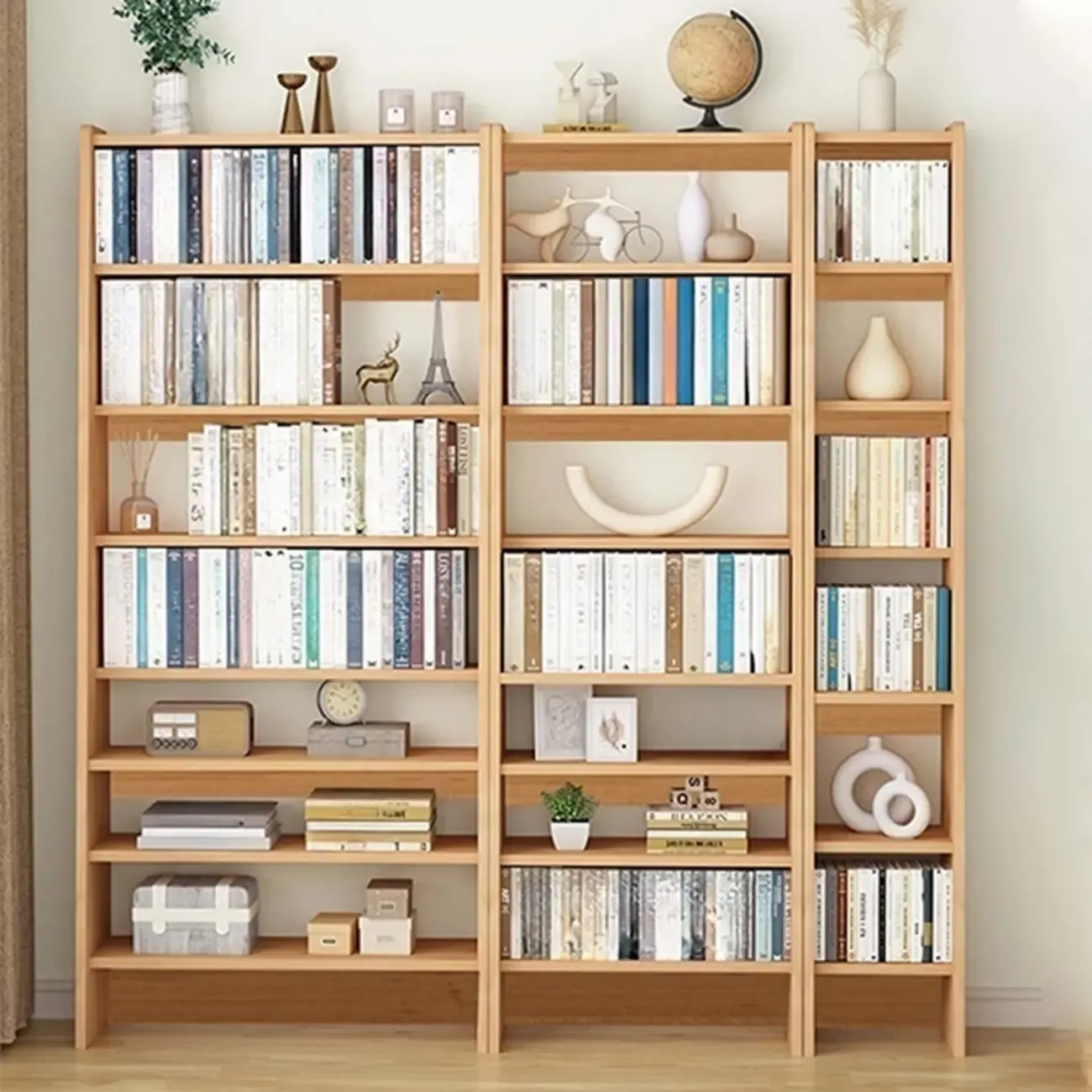 Natural Narrow Multi-Layer Open Back Wooden Bookshelf Image - 7