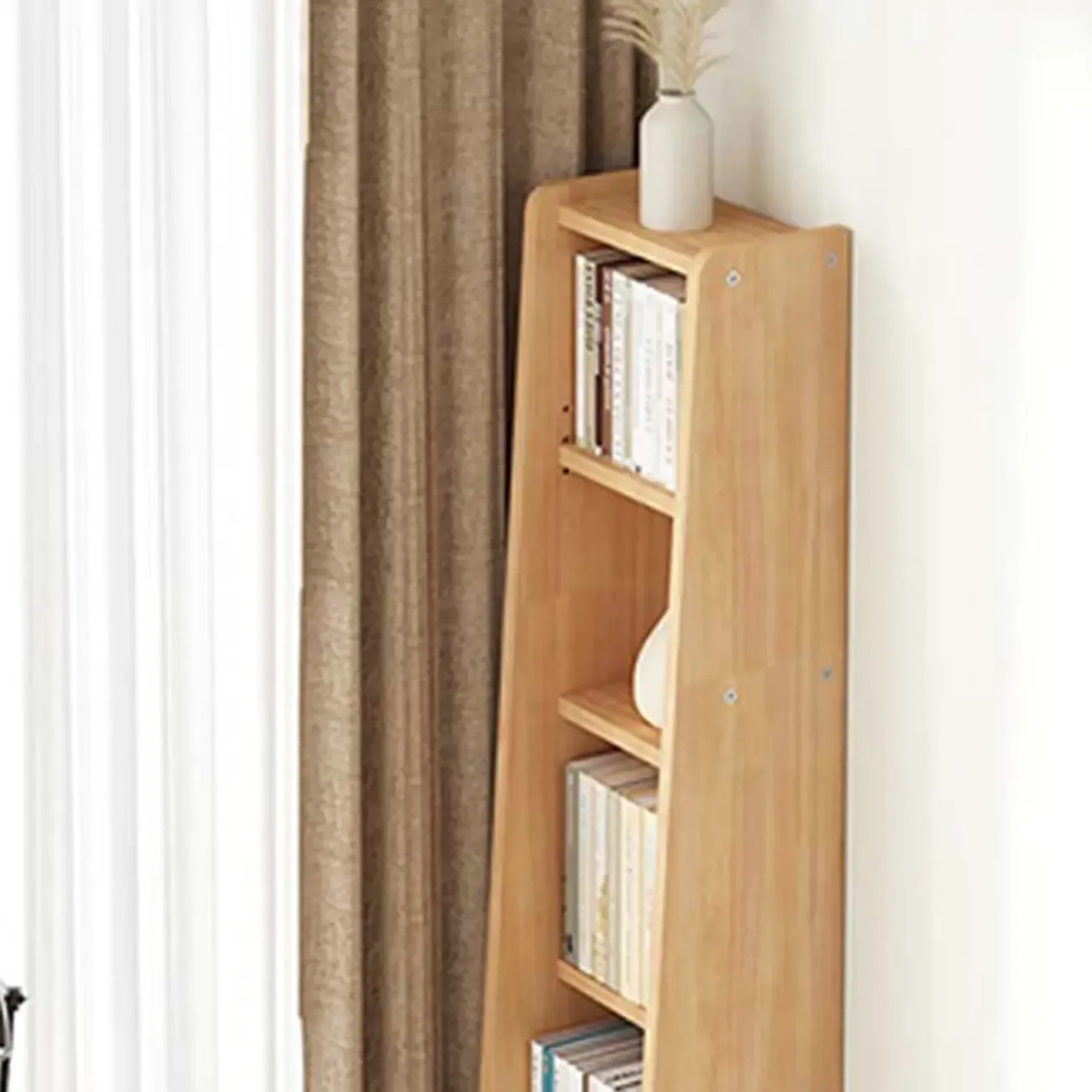 Natural Narrow Multi-Layer Open Back Wooden Bookshelf Image - 12