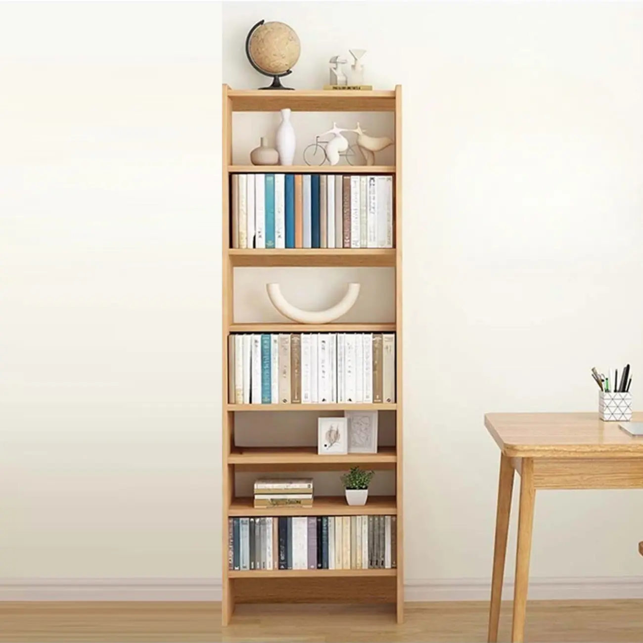 Natural Narrow Multi-Layer Open Back Wooden Bookshelf Image - 5 | homeyfad