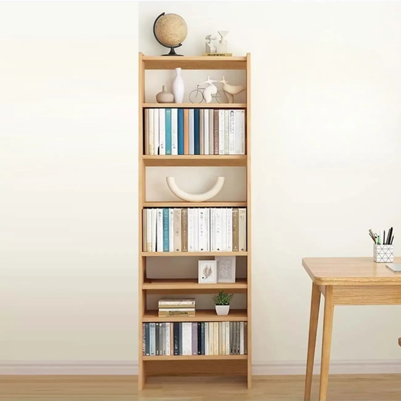 Natural Narrow Multi-Layer Open Back Wooden Bookshelf Image - 5