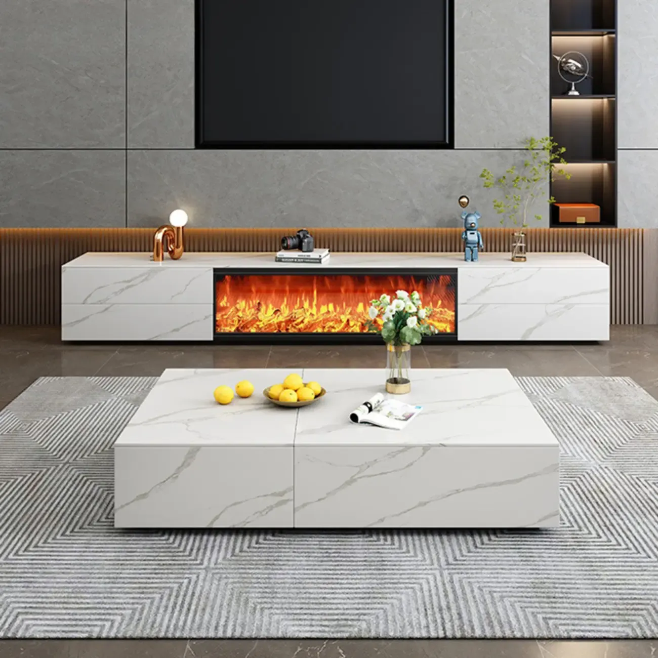 Contemporary Stone TV Stand with Fireplace & Drawers for Home Image - 2