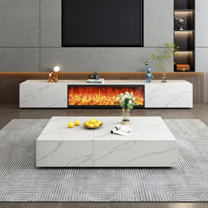 Contemporary Stone TV Stand with Fireplace & Drawers for Home Image - 2
