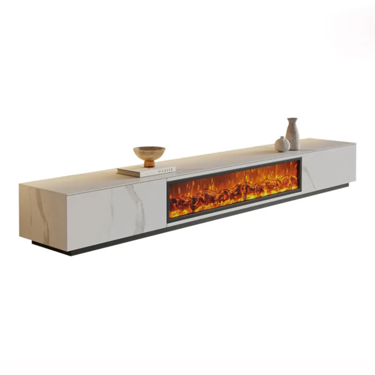 Contemporary Stone TV Stand with Fireplace & Drawers for Home Image - 3