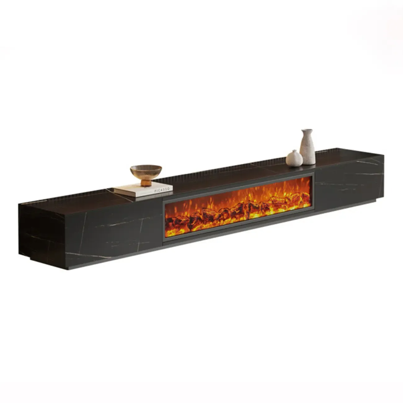 Contemporary Stone TV Stand with Fireplace & Drawers for Home Image - 4