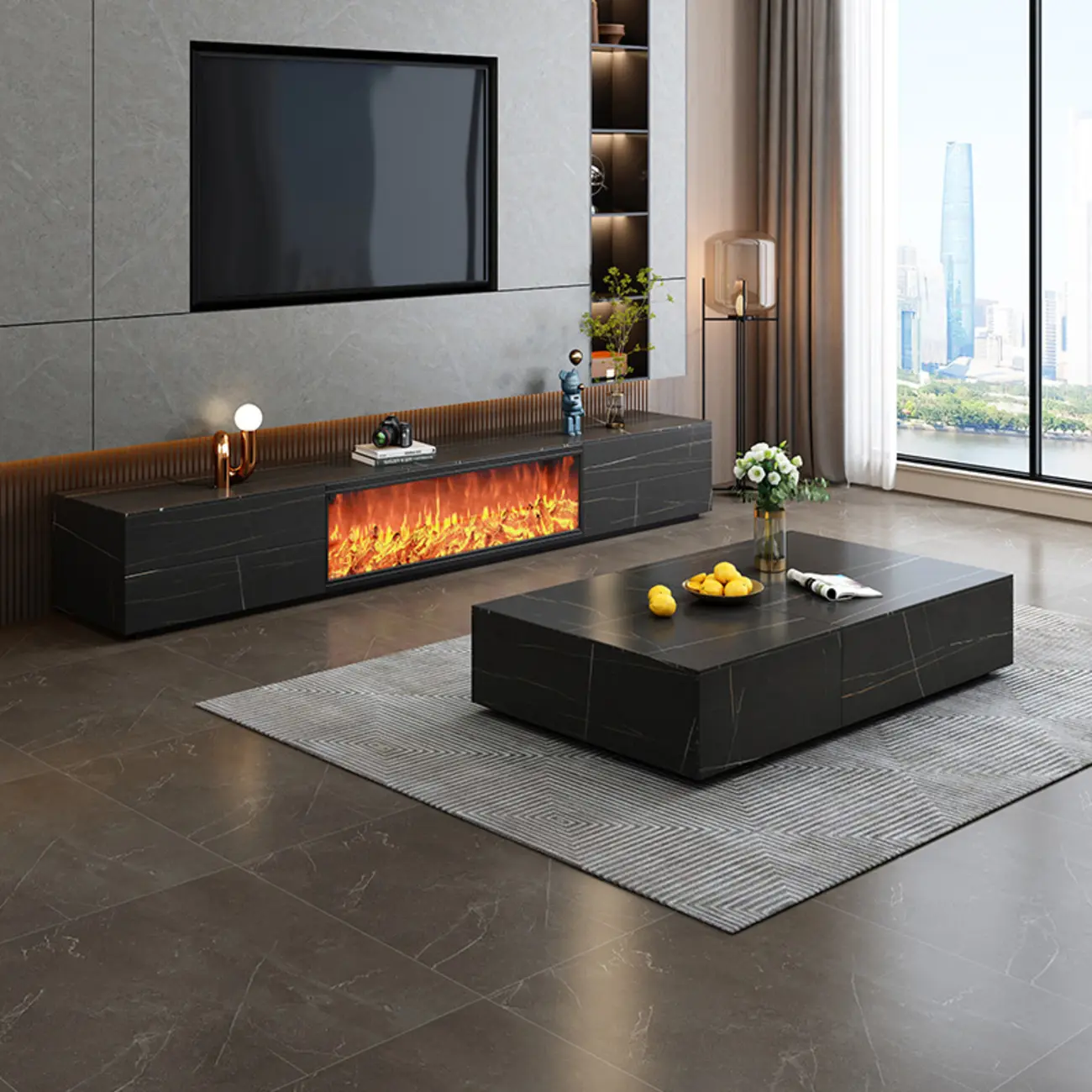 Contemporary Stone TV Stand with Fireplace & Drawers for Home Image - 5 | homeyfad