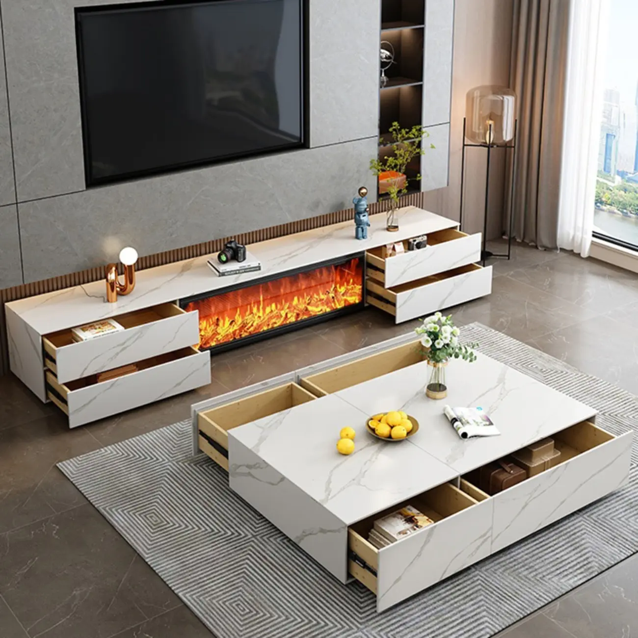 Contemporary Stone TV Stand with Fireplace & Drawers for Home Image - 1 | homeyfad