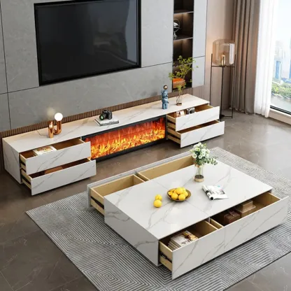 Contemporary Stone TV Stand with Fireplace & Drawers for Home Image - 1