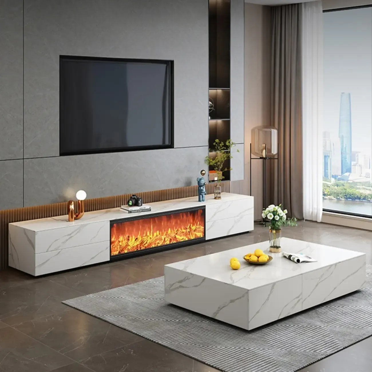 Contemporary Stone TV Stand with Fireplace & Drawers for Home Image - 6