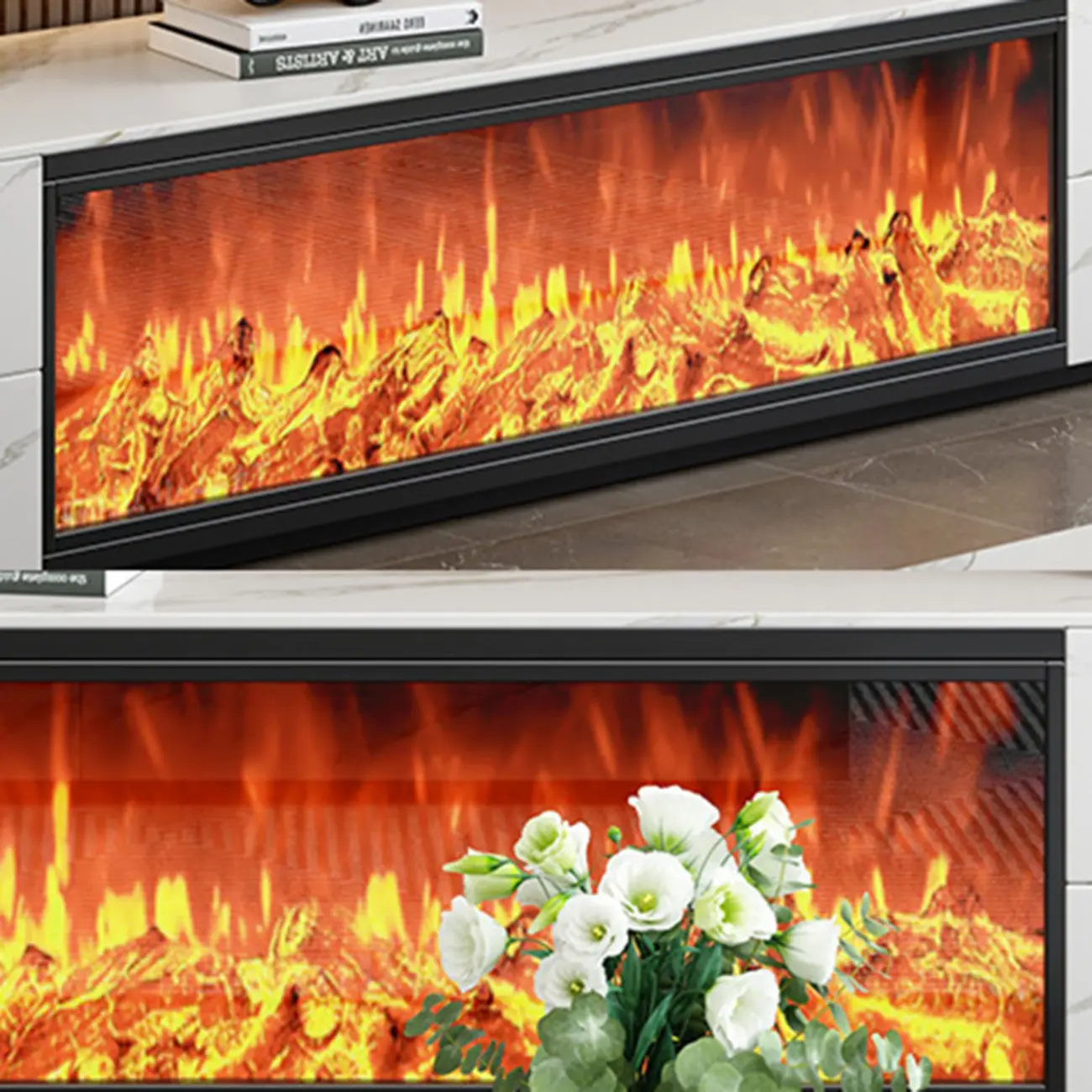 Contemporary Stone TV Stand with Fireplace & Drawers for Home Image - 8 | homeyfad