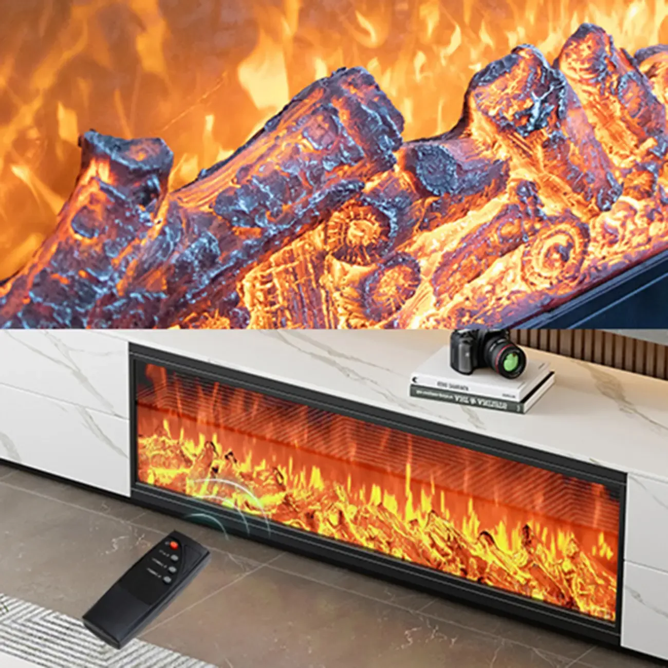 Contemporary Stone TV Stand with Fireplace & Drawers for Home Image - 9