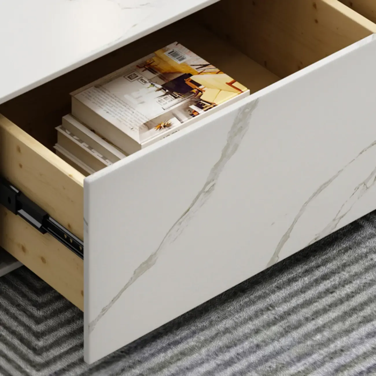 Contemporary Stone TV Stand with Fireplace & Drawers for Home Image - 10