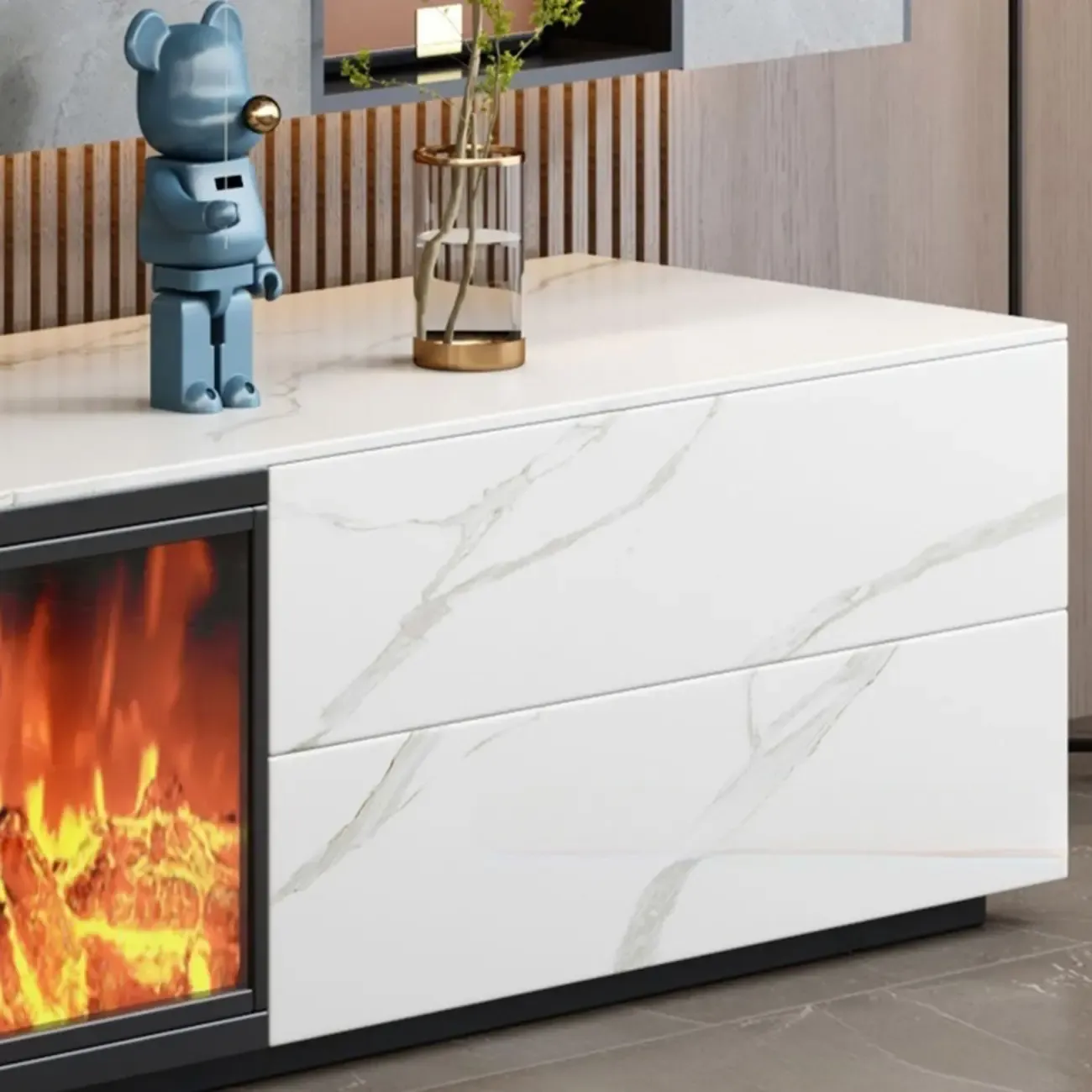 Contemporary Stone TV Stand with Fireplace & Drawers for Home Image - 12