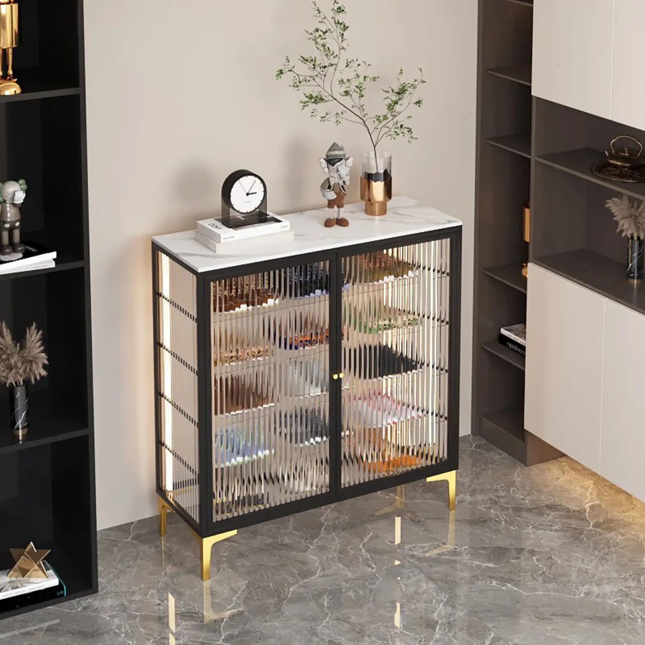 Entryway Glass Shoe Cabinet with LED Lighting Image - 2 | homeyfad