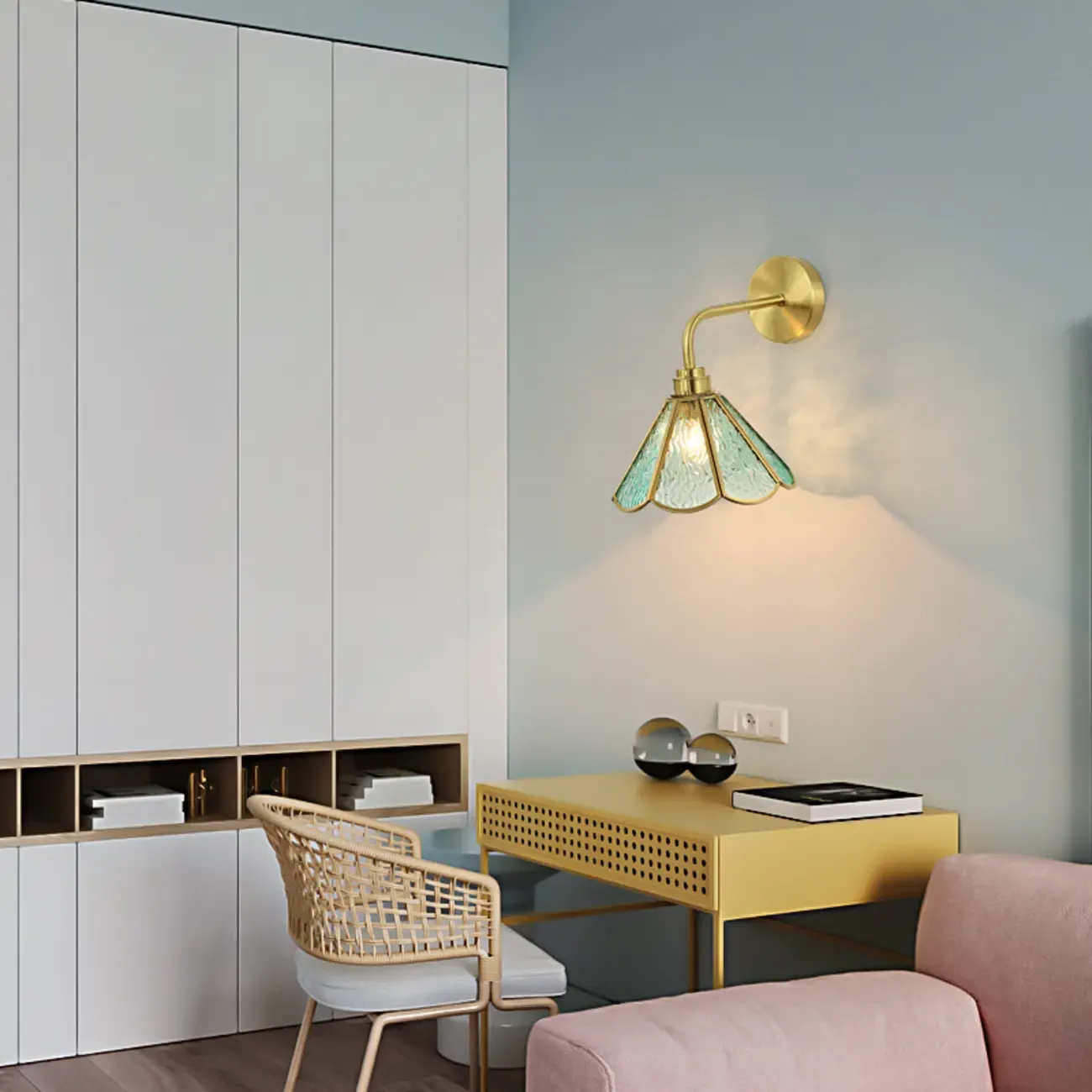 Modern Brass Geometric Glass Wall Light for Living Room Image - 2