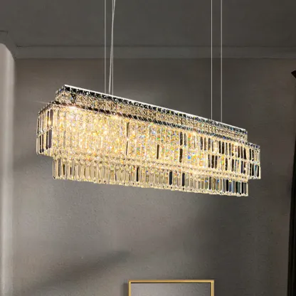 Modern Rectangle 2-Tier Crystal Pendant Light for Kitchen Island Image - 1