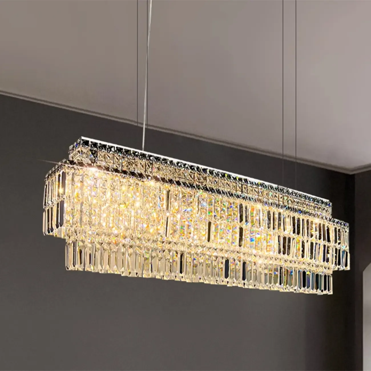 Modern Rectangle 2-Tier Crystal Pendant Light for Kitchen Island Image - 2