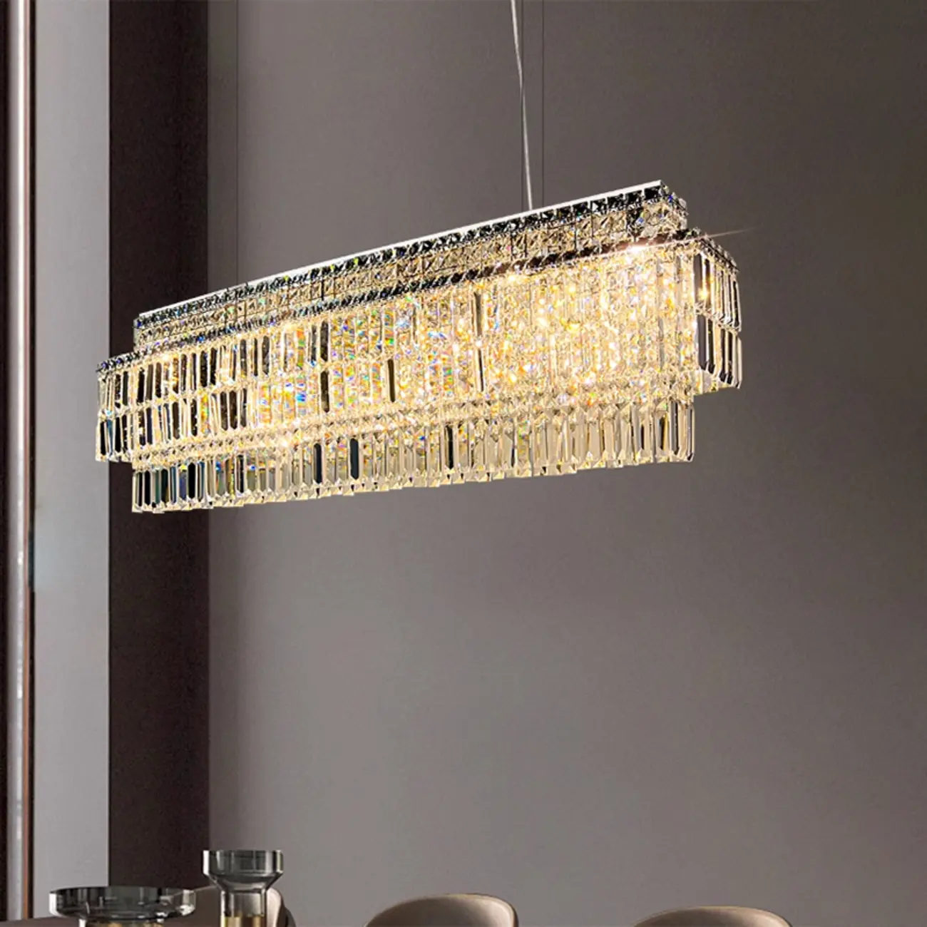 Modern Rectangle 2-Tier Crystal Pendant Light for Kitchen Island Image - 3 | homeyfad