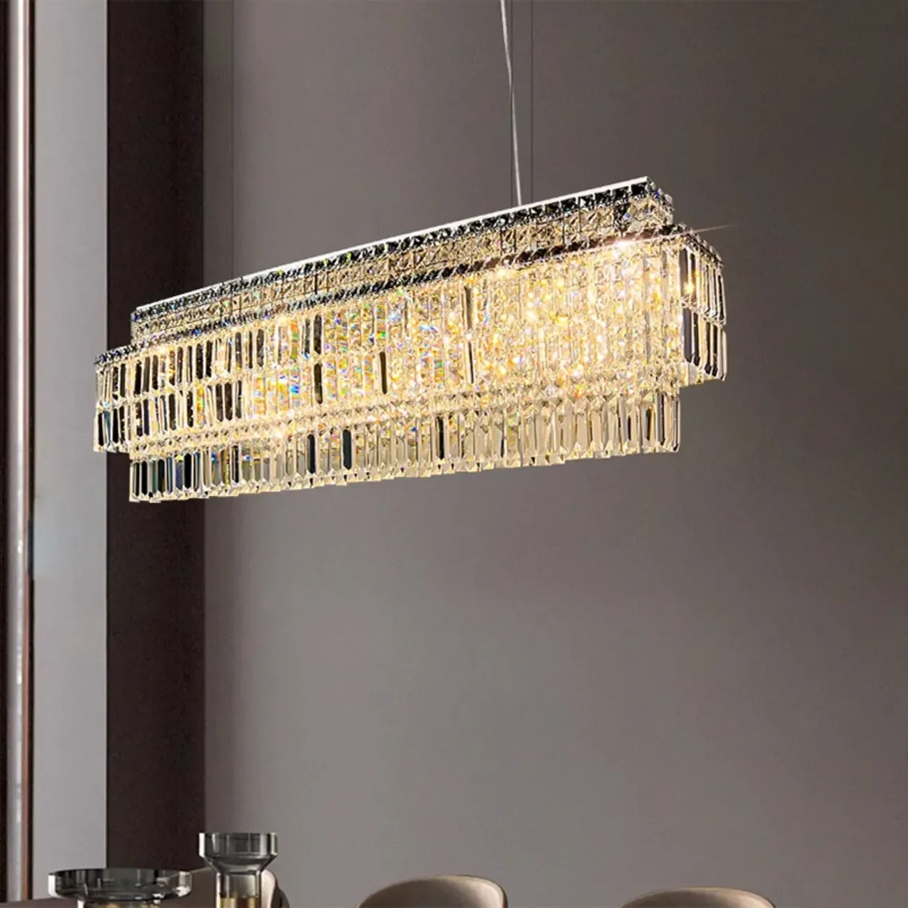 Modern Rectangle 2-Tier Crystal Pendant Light for Kitchen Island Image - 3