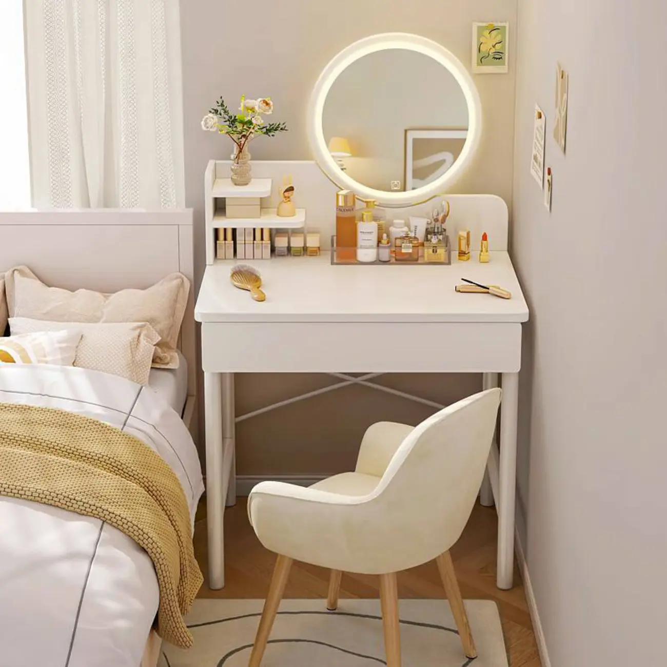 Modern Simple Makeup Vanity Set with Shelves & LED Mirror | homeyfad
