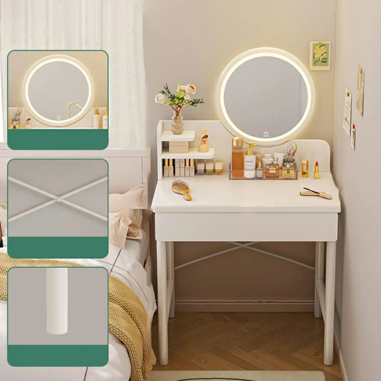 Modern Simple Makeup Vanity Set with Shelves & LED Mirror | homeyfad