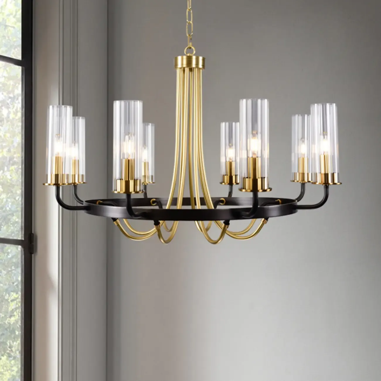 Modern Circle Black Gold Clear Glass Shade Chandelier Image - 1