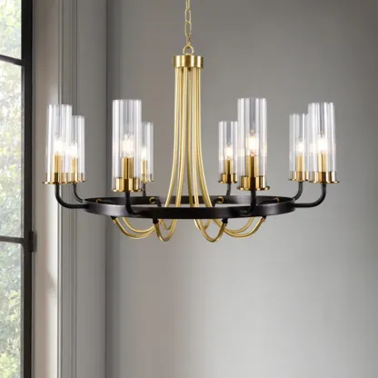 Modern Circle Black Gold Clear Glass Shade Chandelier Image - 1
