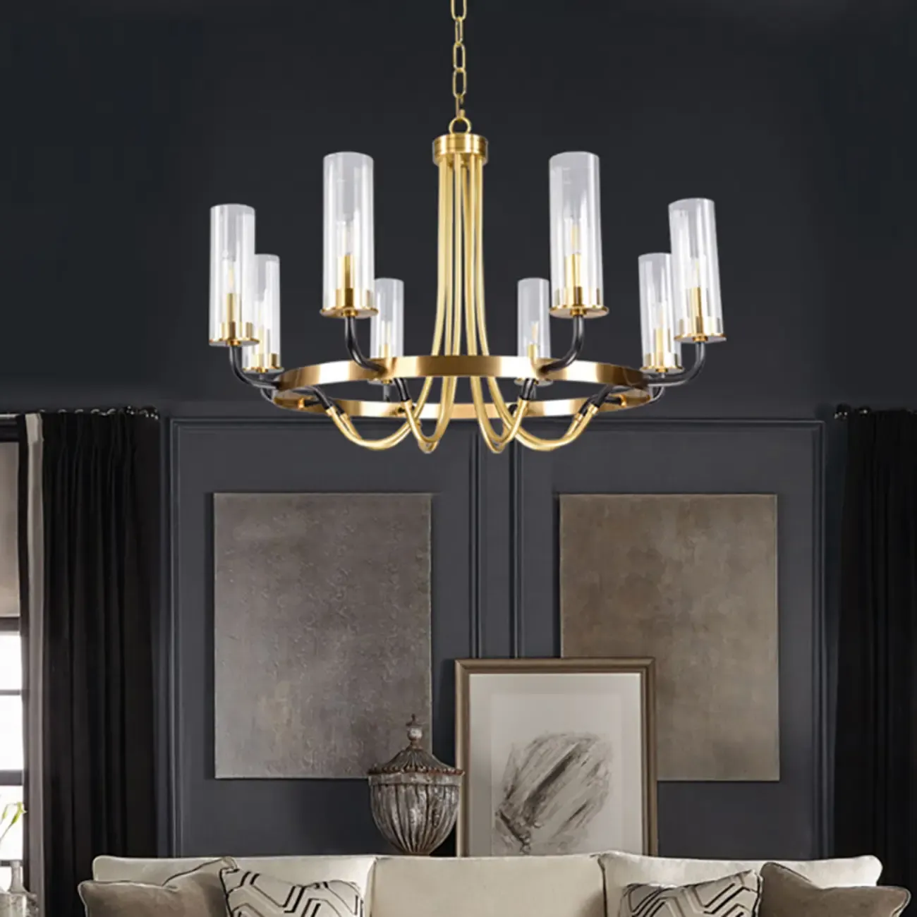 Modern Circle Black Gold Clear Glass Shade Chandelier Image - 3