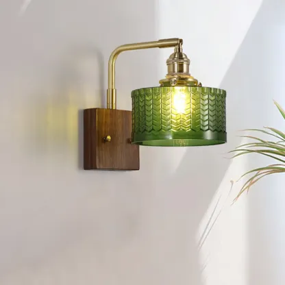 Vintage Glass Wall Light with Wooden Backplate for Home Image - 2
